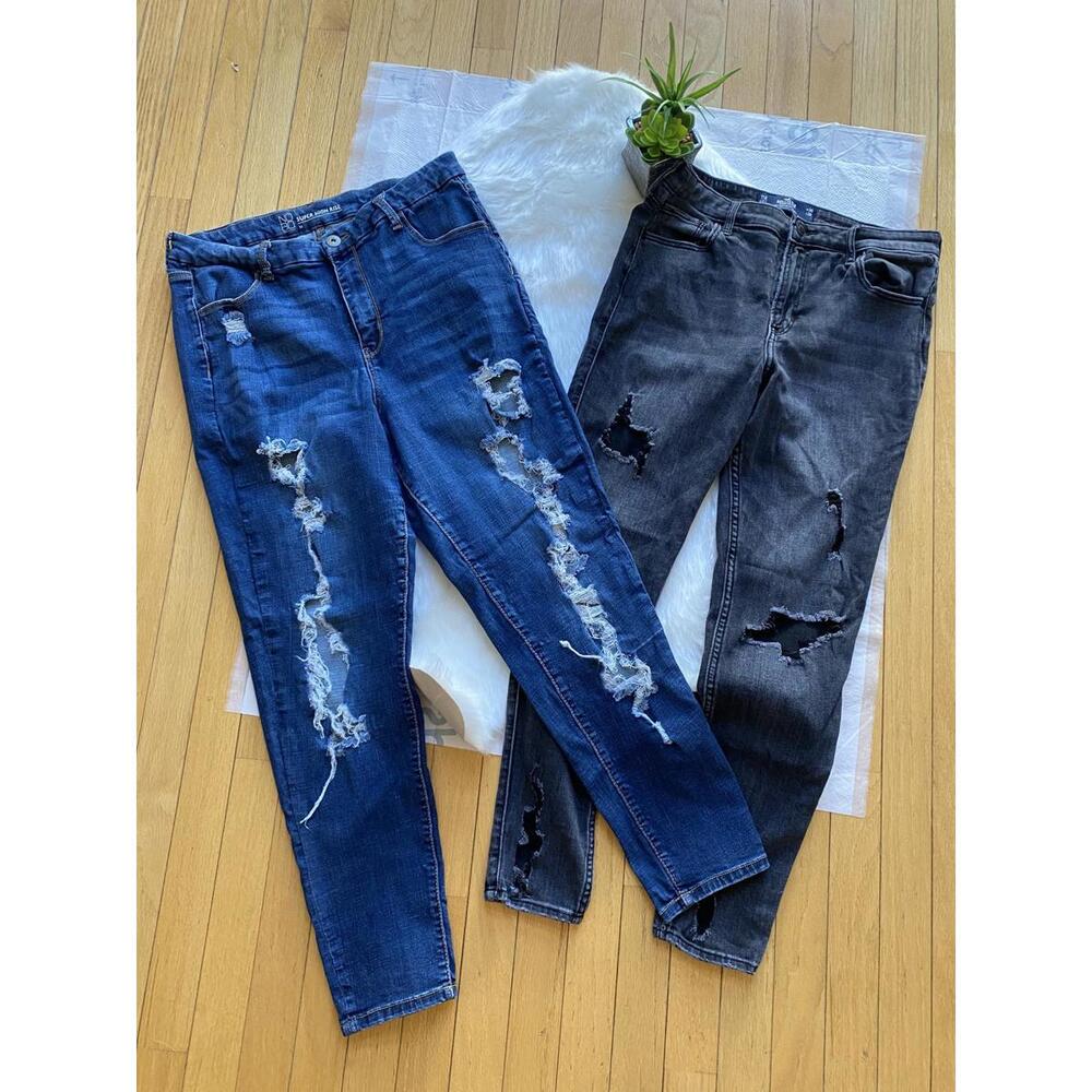 Bundle Women's High Rise Distressed Jeans - Blue and Black, Size 2